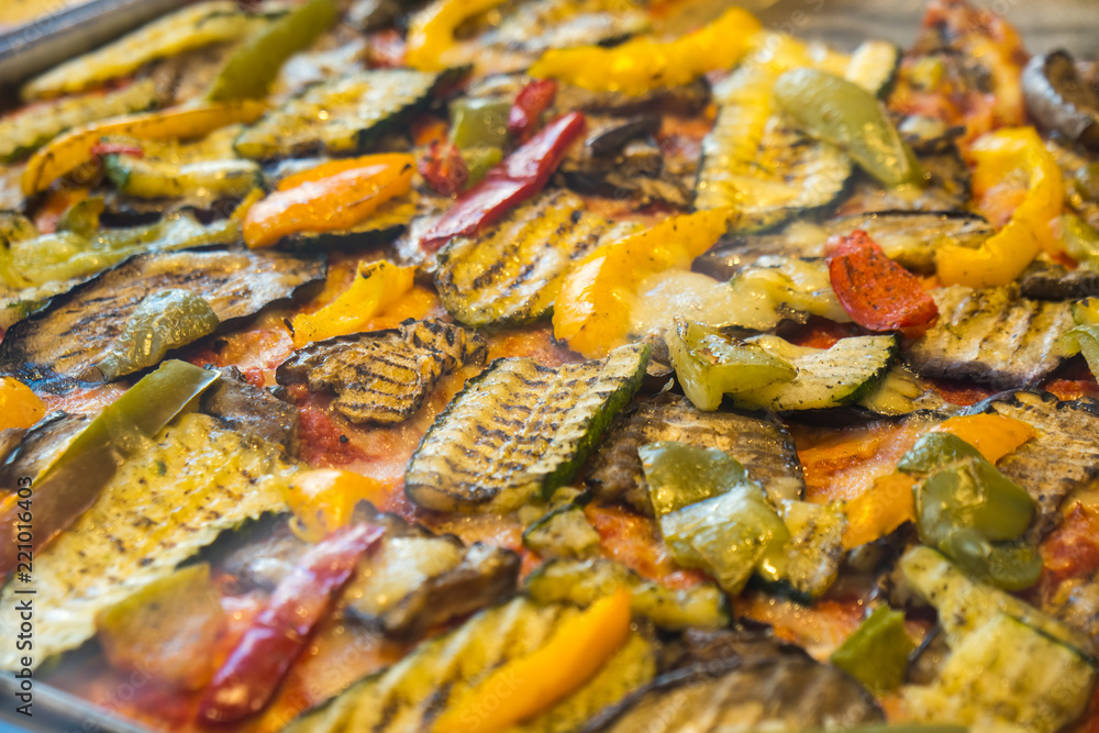 texture of vegetarian pizza on the bench of the city of venice