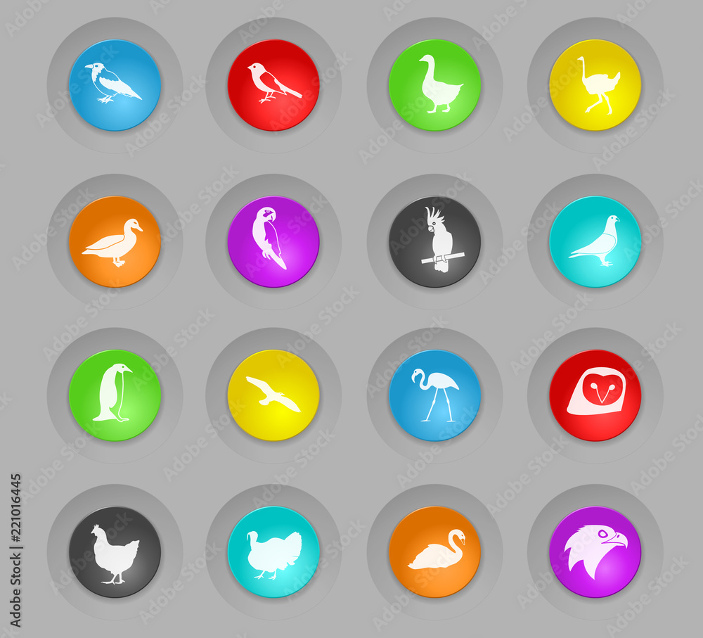 birds colored plastic round buttons icon set birds colored plastic round buttons icon set