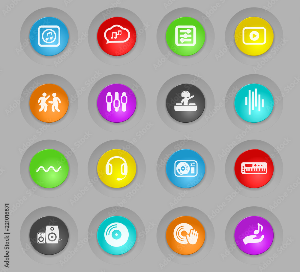 electro music colored plastic round buttons icon set electro music colored plastic round buttons icon set