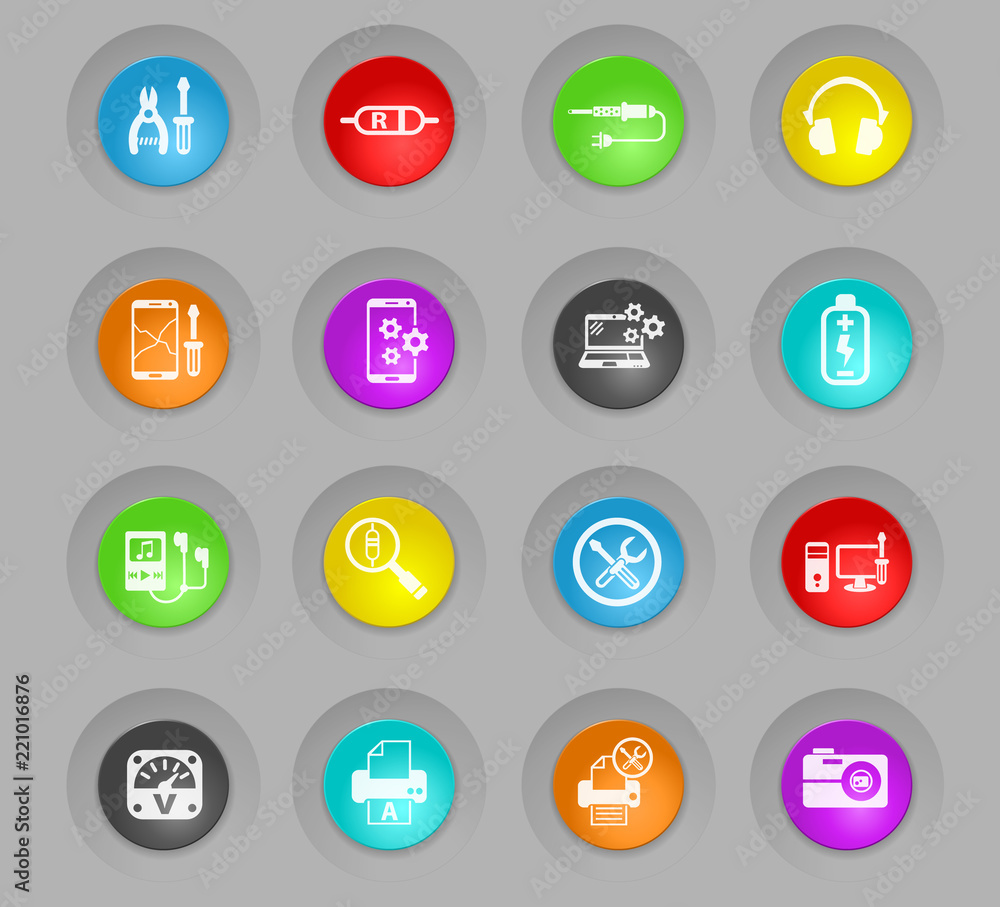 electronics repair colored plastic round buttons icon set electronics repair colored plastic round buttons icon set