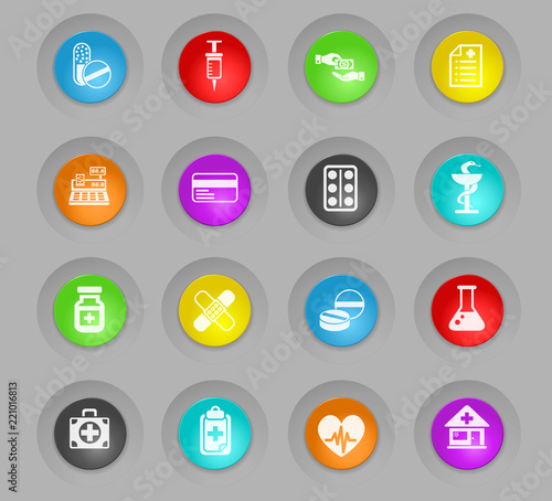 drug store colored plastic round buttons icon set