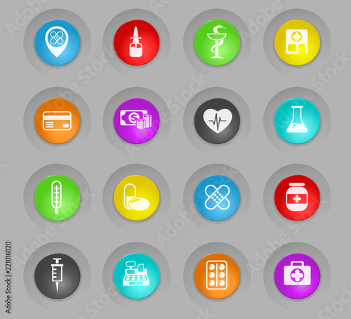 drug store colored plastic round buttons icon set