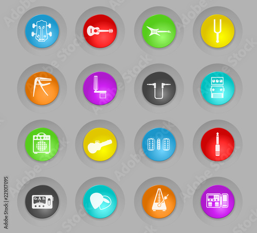 guitar and accessories colored plastic round buttons icon set