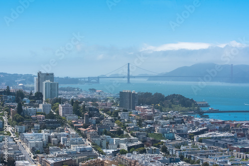 San Francisco, the Embarcadero with the Marina District, Russian Hill, and the Golden Gate Bridge in background, panorama 
