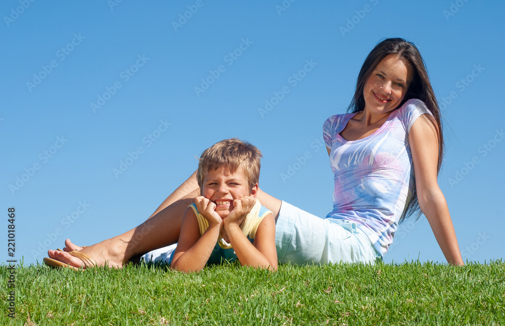 happy mother with the son against sky happy mother with the son against sky