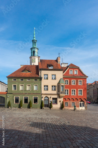 Colorful houses and Town hall on Poznan Old Market Square, Poland.