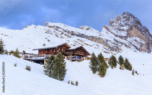 Restaurant in the mountains. Ski resort of Selva di Val Gardena, Italy