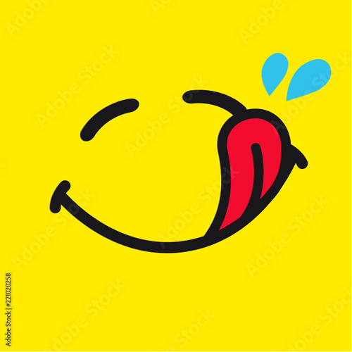 Hungry emoticon or emoji icon. Yummy big smiley in a flat design on yellow background. Vector emoticon tasty symbol