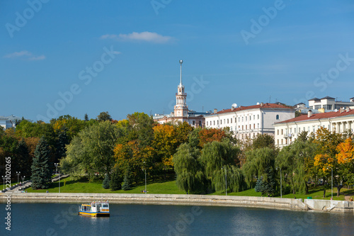 View at the Svisloch river and green park in Minsk city center, Belarus