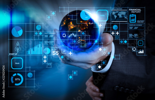 Financial report data of business operations (balance sheet and income statement and diagram) as Fintech concept.Businessman showing the globe world.Element by NASA.