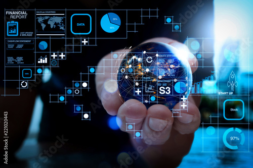 Financial report data of business operations (balance sheet and income statement and diagram) as Fintech concept.Businessman showing the globe world.Element by NASA.