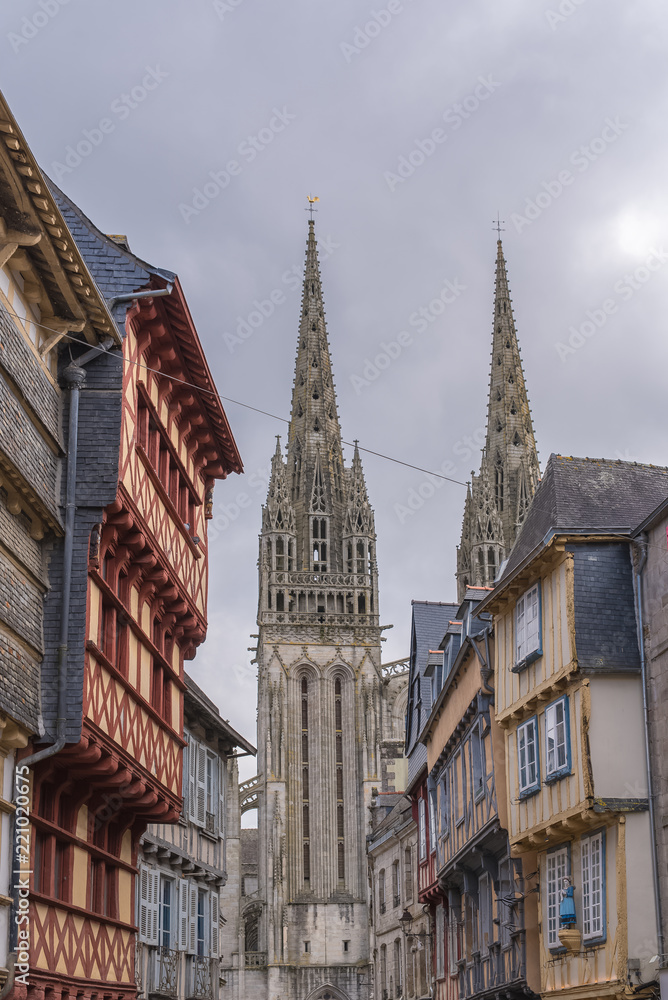 Quimper in Brittany, the Saint-Corentin cathedral, medieval houses 
