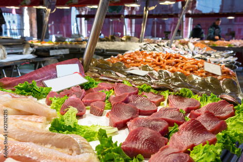 Photos Tuna steaks and other fish meat at Mercato Ittico di Rialto - venetian fish mark