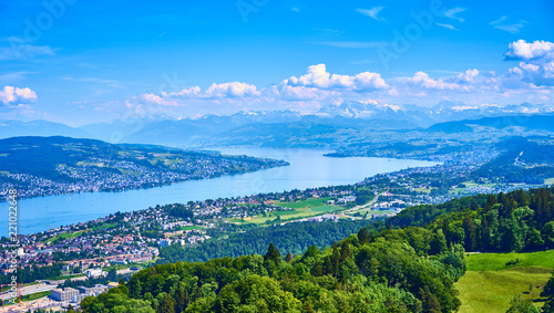 Panoramic view over Lake of Zurich in Switzerland / Alps in the background