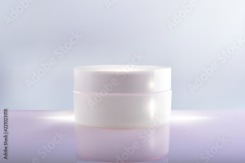 Bank cream package on a pink blue background. 3d vector cosmetic make up cream. Cosmetic cream container. Jar of cream for the face for your design.