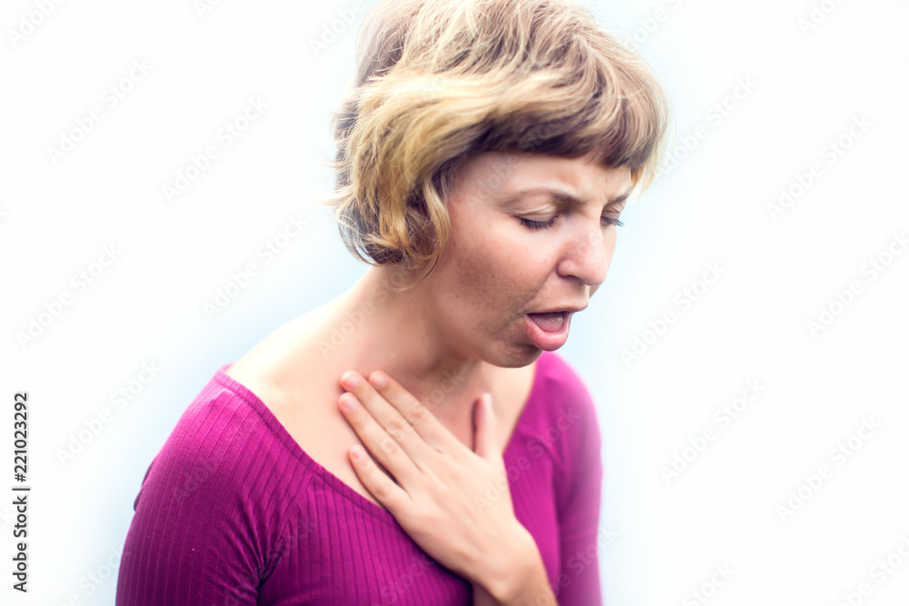 Throat Pain. Ill Woman Suffering From Painful Swallowing, Touching Neck With Hand. Female Caught Cold. Healthcare and medicine Concept. Throat Pain. Ill Woman Suffering From Painful Swallowing, Touching Neck With Hand. Female Caught Cold. Healthcare and medicine Concept.