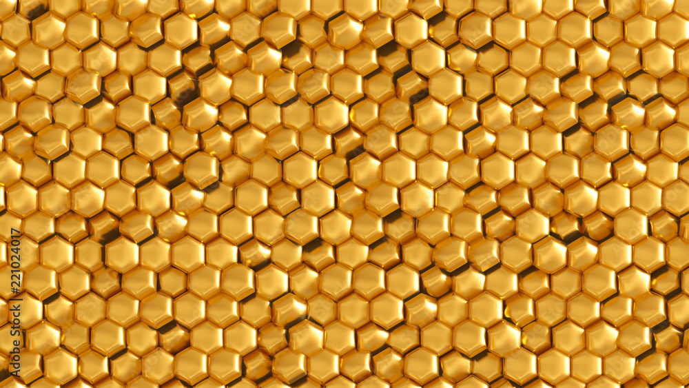 Golden geometric background with hexagons. 3d illustration, 3d rendering. Golden geometric background with hexagons. 3d illustration, 3d rendering.