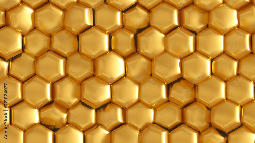 Golden geometric background with hexagons. 3d illustration, 3d rendering. Golden geometric background with hexagons. 3d illustration, 3d rendering.