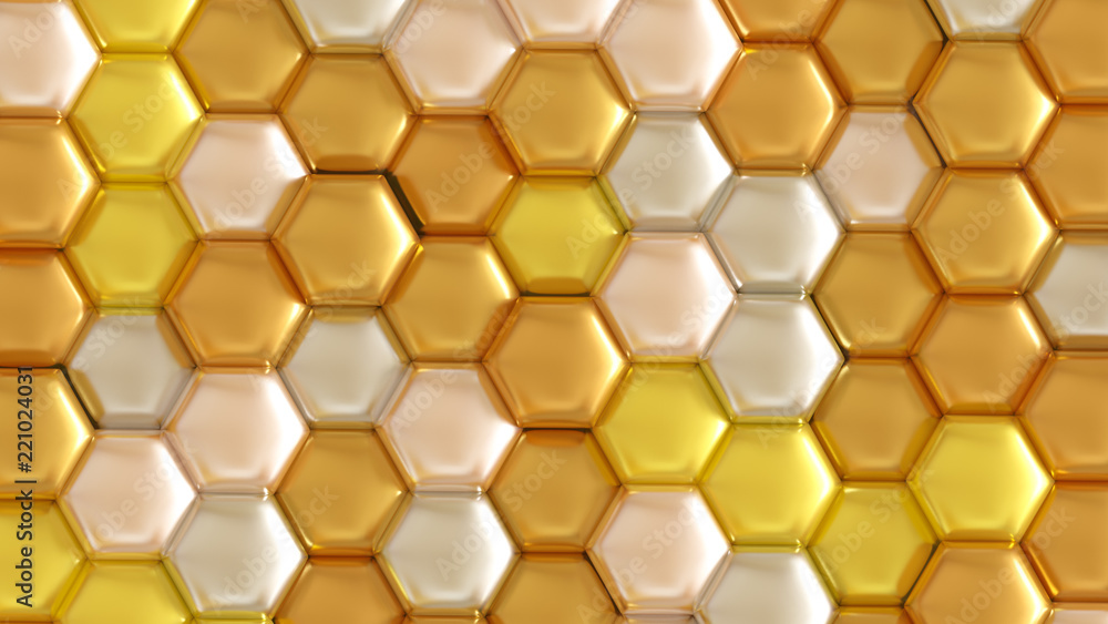 Golden geometric background with hexagons. 3d illustration, 3d rendering. Golden geometric background with hexagons. 3d illustration, 3d rendering.