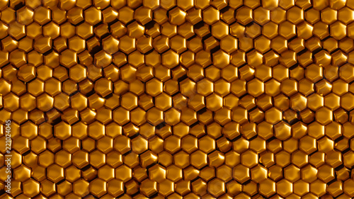 Golden geometric background with hexagons. 3d illustration, 3d rendering.