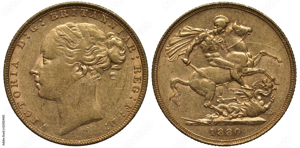 Φωτογραφία Great Britain British golden coin 1 one sovereign 1880, head of Queen Victoria,