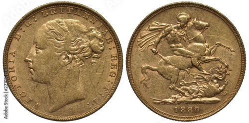 Quadro em tela Great Britain British golden coin 1 one sovereign 1880, head of Queen Victoria,