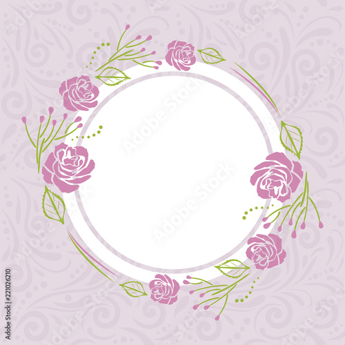 Light violet pattern with stylized wreath of roses for greeting card