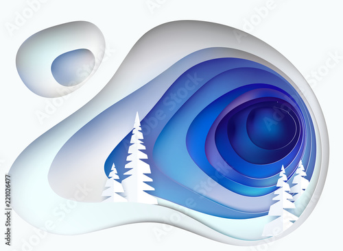Christmas card. Snowy hill with fur trees. Winter paper cut craft design. Vector illustration