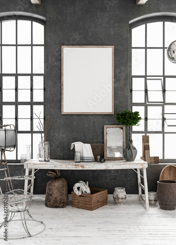 Obraz na płótnie Mock-up poster frame in old shabby interior background, Scandinavian style, 3d r