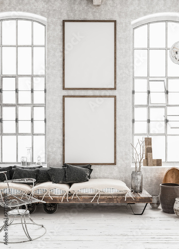 фотографія Two vertical Mock-up posters in shabby interior background, Scandinavian style,