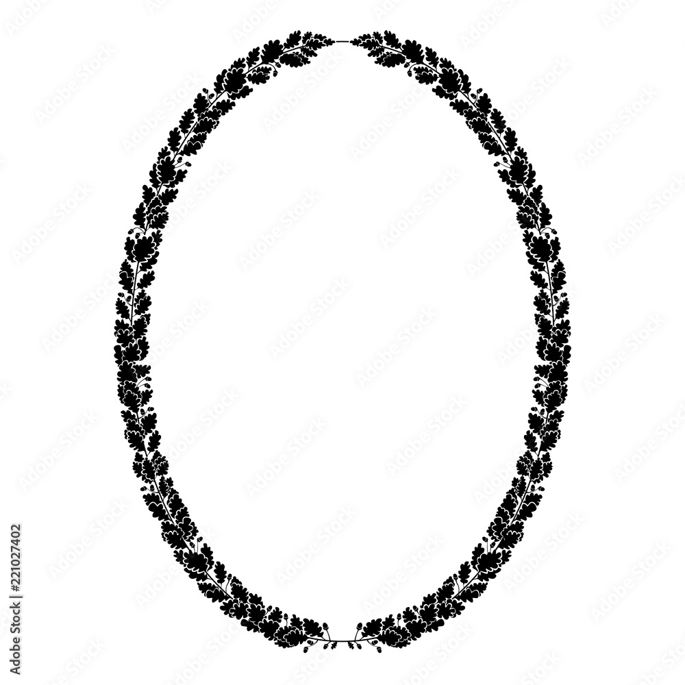 Oval heraldic wreath of oak branches, black and white isolated image.