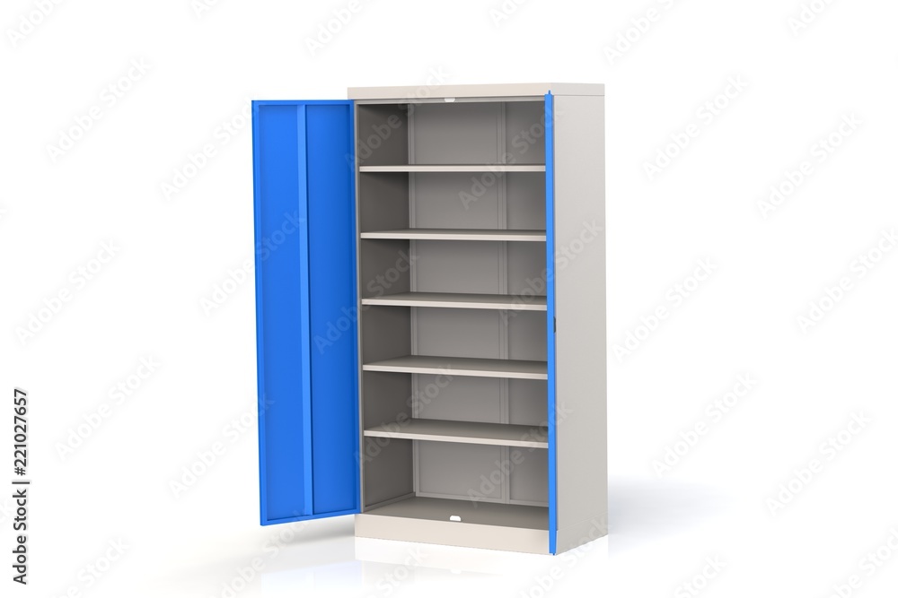 Metal cabinet with shelves for tools. Fireproof shelving for documents. 3D model rendering. Metal cabinet with shelves for tools. Fireproof shelving for documents. 3D model rendering.