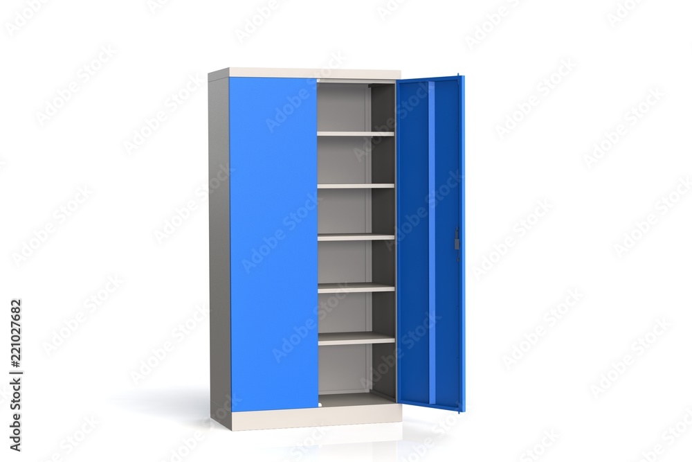 Metal cabinet with shelves for tools. Fireproof shelving for documents. 3D model rendering. Metal cabinet with shelves for tools. Fireproof shelving for documents. 3D model rendering.
