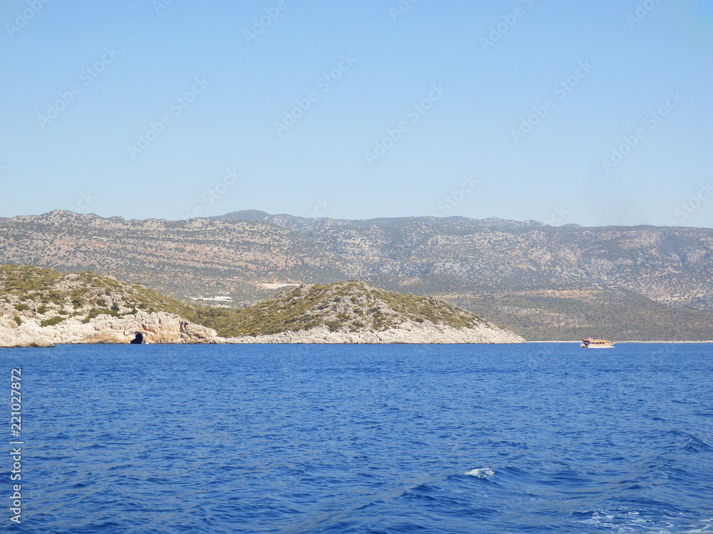 Antalya coast. View from the sea. Not far from the ancient city of Phaselis. Turkey Antalya coast. View from the sea. Not far from the ancient city of Phaselis. Turkey