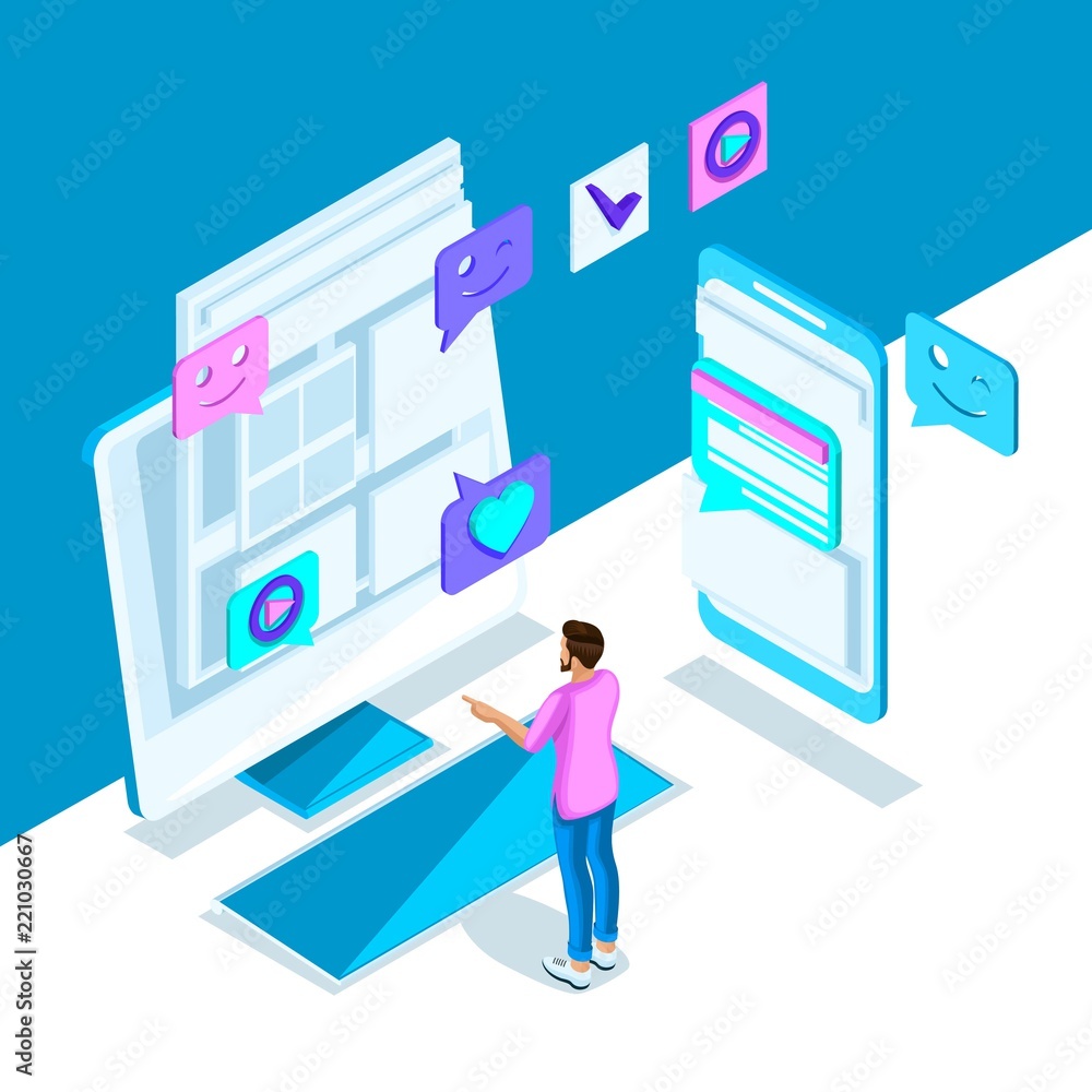 Isometry is a bright template with an internet correspondence of a young girl, smartphone, monitor, message. Bright holographic design set 4 Isometry is a bright template with an internet correspondence of a young girl, smartphone, monitor, message. Bright holographic design set 4