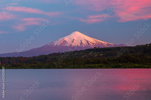 scenic view of Villarrica Volcano in Chile patagonia sunset photo