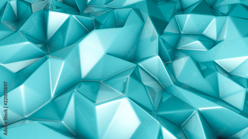 Naklejka Turquoise crystal background with triangles. 3d illustration, 3d rendering.