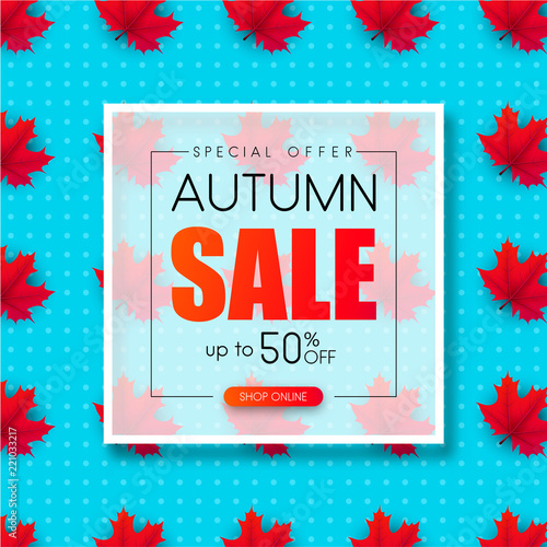Autumn sale. Promotion card with red maple leaves pattern.