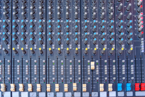 Closeup part of professional digital audio mixer console.