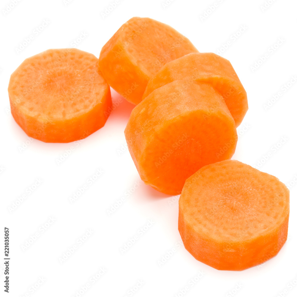 Chopped carrot slices isolated on white background cutout