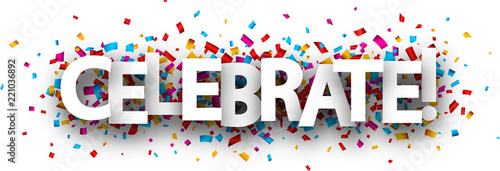 Celebrate banner with colorful confetti.