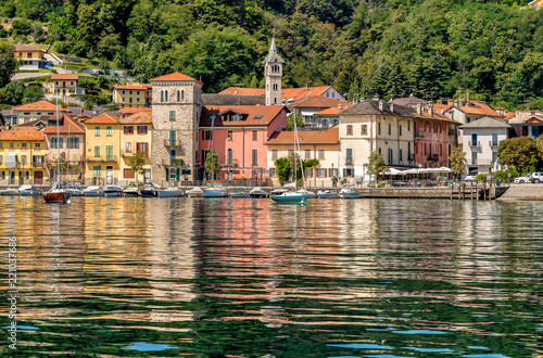 View of historic village Pella on the western shore of Lake Orta, province of Novara, Italy