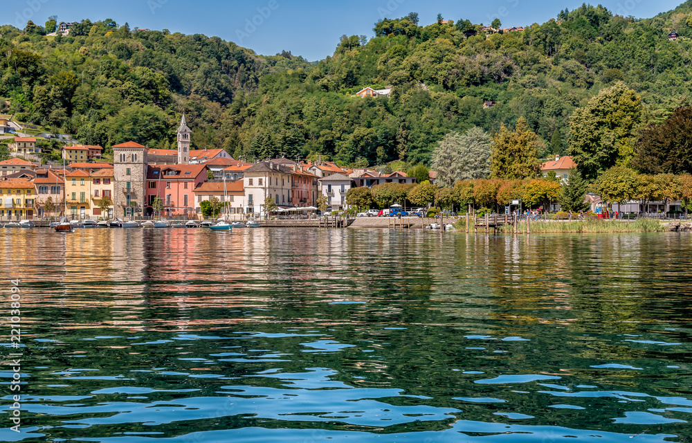 View of historic village Pella on the western shore of Lake Orta, province of Novara, Italy