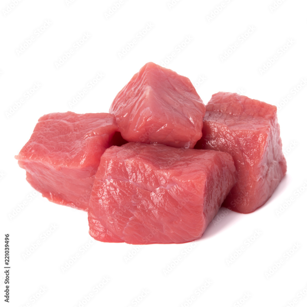Raw chopped beef meat pieces isolated om white background cut out.