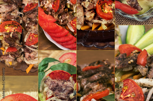 Collage of eight photos of baked eggplant dishes stuffed with fried meat, tomatoes and onions.