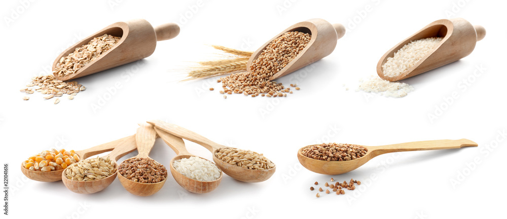 Set with different cereal grains on white background - obrazy, fototapety, plakaty 
