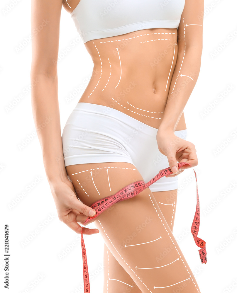Young woman with measuring tape on white background - obrazy, fototapety, plakaty 