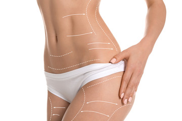Young woman showing smooth silky skin after epilation on white background