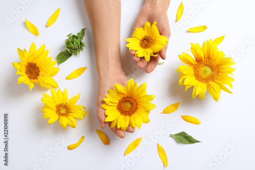 Fototapeta Naklejka Na Ścianę i Meble -  Woman holding beautiful sunflowers on white background, top view