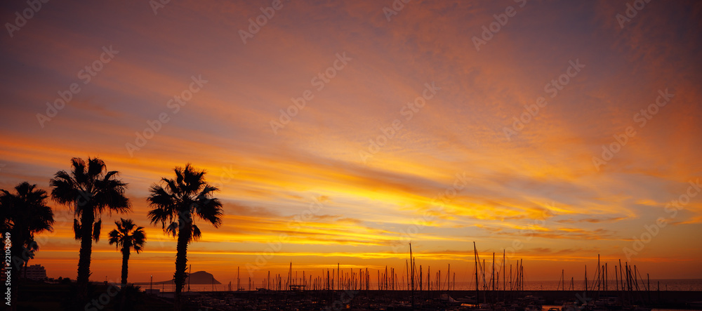 orange sunrise in a port with yacht masts and palm trees